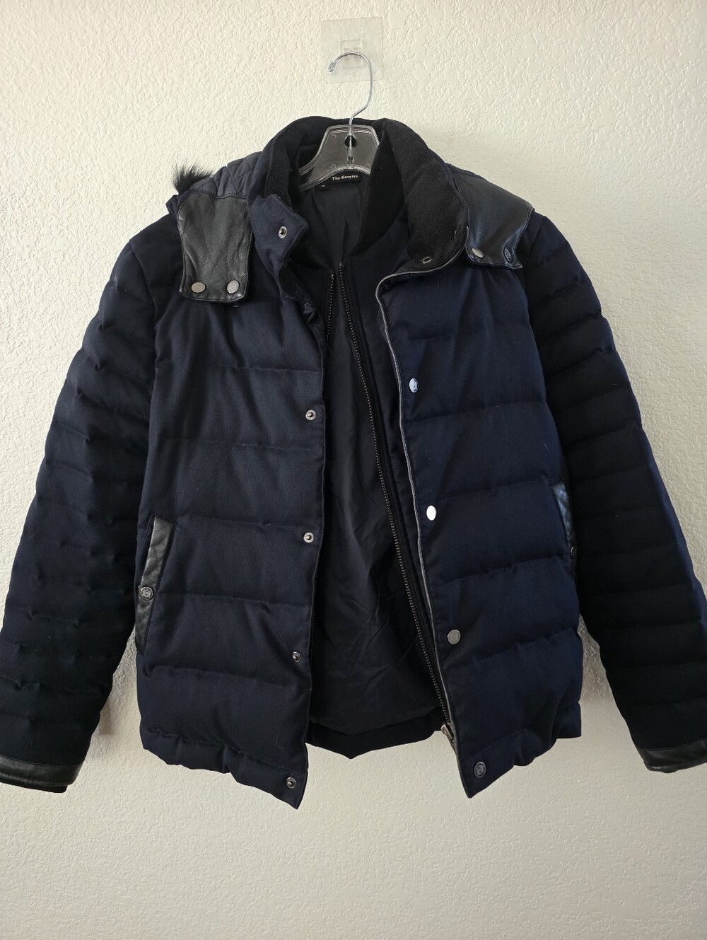 The Kooples Navy Quilted Puffer Down Jacket Leather Trim M